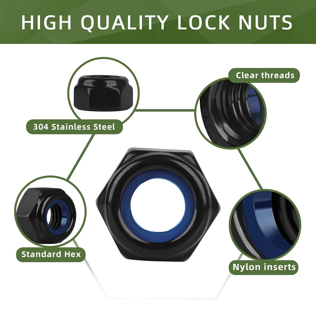 50 PCS #10-24 Nylon Insert Locknuts, Standard Inch Thread Self-Lock Nylon Inserted Hex Lock Nuts, Black Coating
