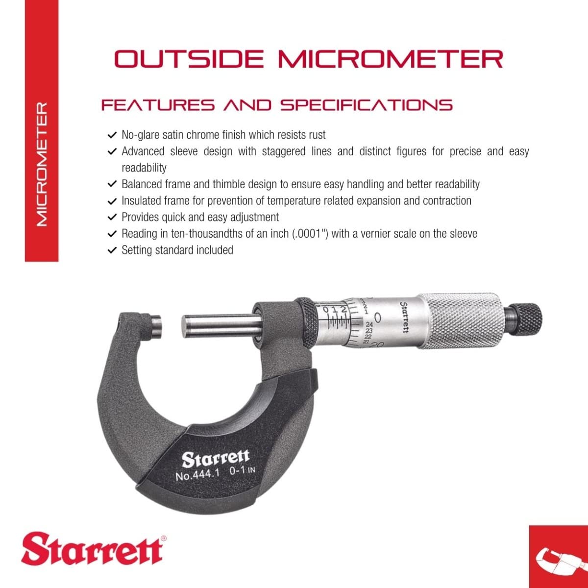 Starrett Outside Digital Micrometer, 0-1" Range, .0001" Graduation