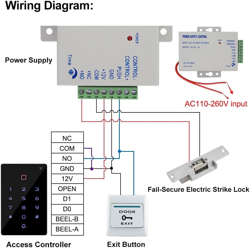 WiFi Tuya APP Access Control System Kit RFIDAccess Control Keypad, 12VDC Power Supply, Fail-Secure Electric Strike