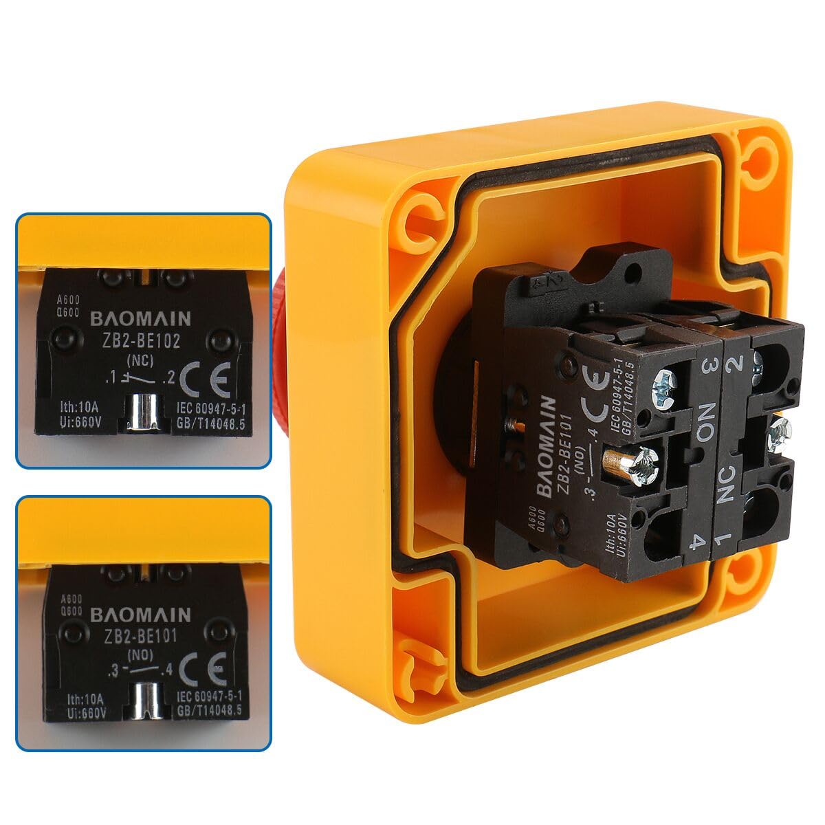 BAOMAIN 2-Pack Red Sign E-Stop Button, 1NO1NC 660V 10A Waterproof Station