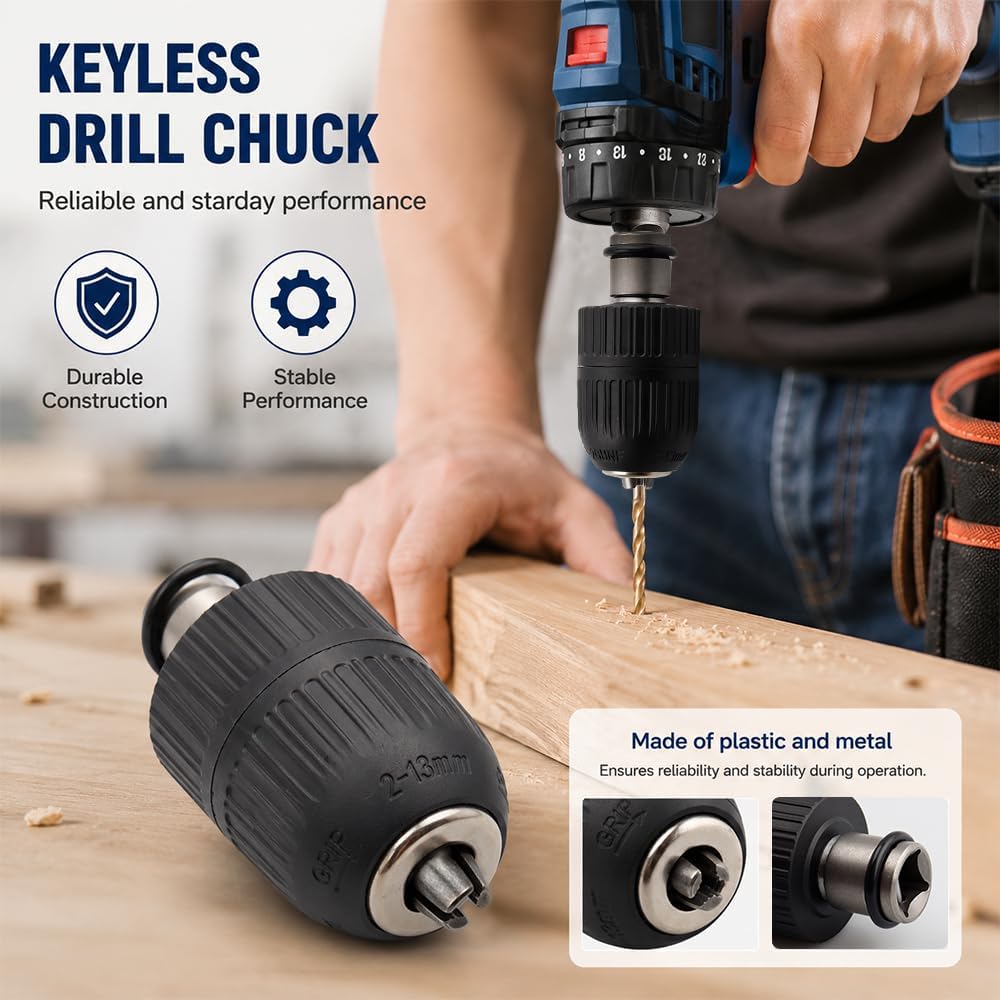 2-13mm Capacity Mount 1/2-20UNF Keyless Drill Chuck Quick Change Conversion Adapter with 1/2 Inch Socket Square Female Adapter