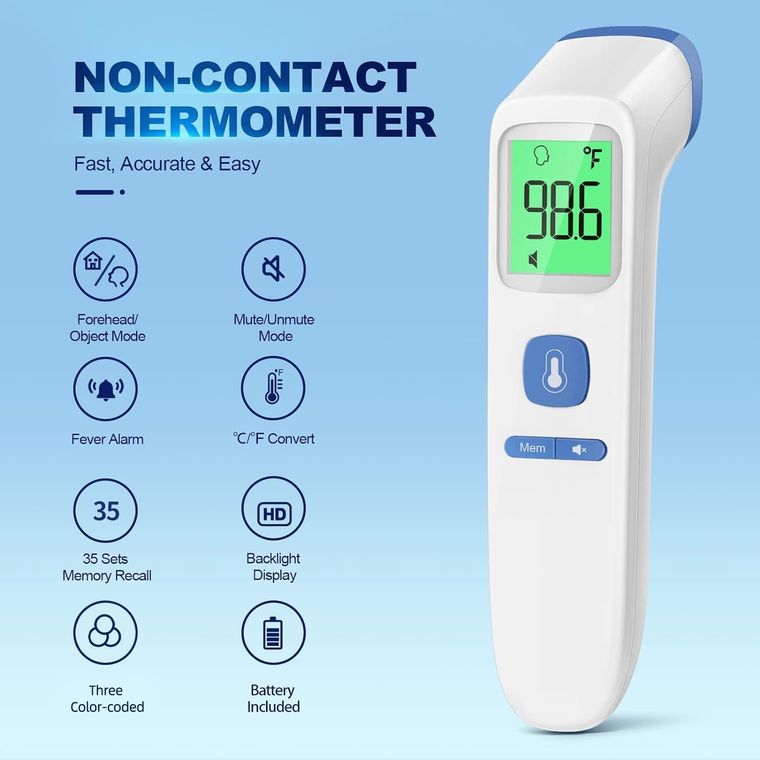 Thermometer for Adults and Kids, Digital Forehead Thermometer with Fever Alarm, Silent Mode & 35-Set Memory, Object 2
