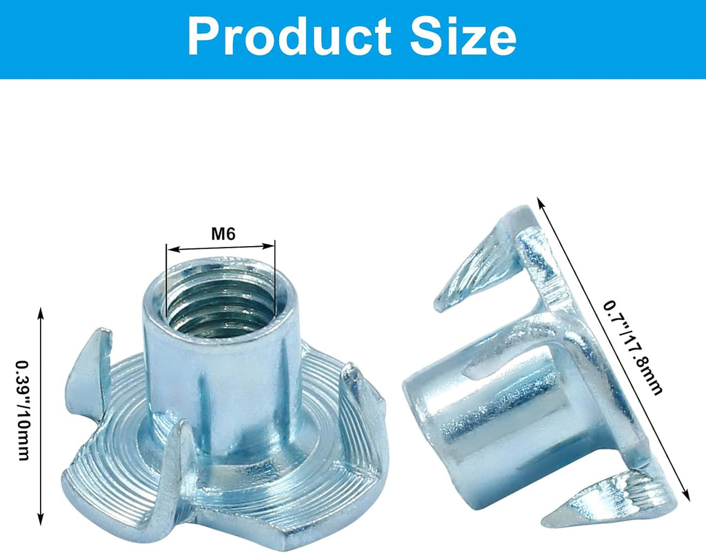 Hitefu M6 X 10mm T-Nut, 4 Pronged, Zinc Plated, 40Pcs