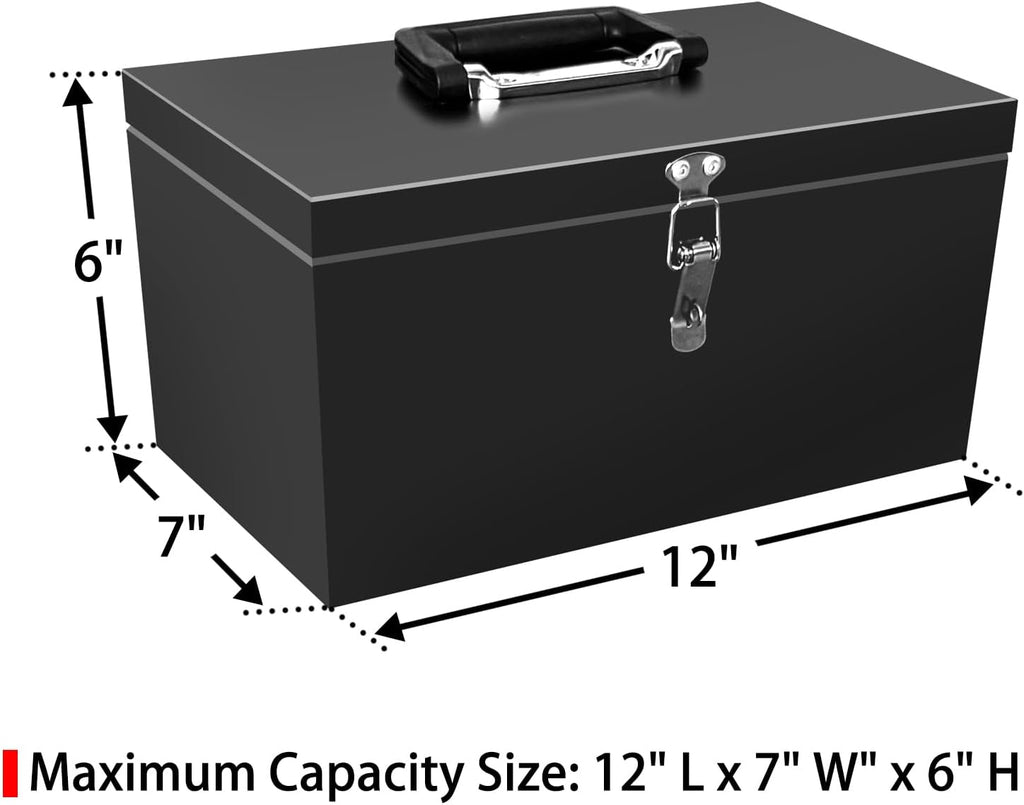 Small Steel Metal Tool Box, Lockable Storage Box for Storing Valuable Items, Office Documents, Garage Tools (12" Black)