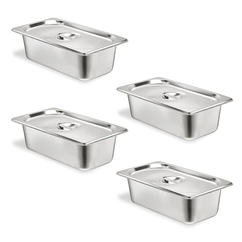 4 Set Steam Table Pan with Lid, 1/3 Size 4 Inch Deep Hotel Pans with Lid, Stainless Steel Commercial Catering Pan