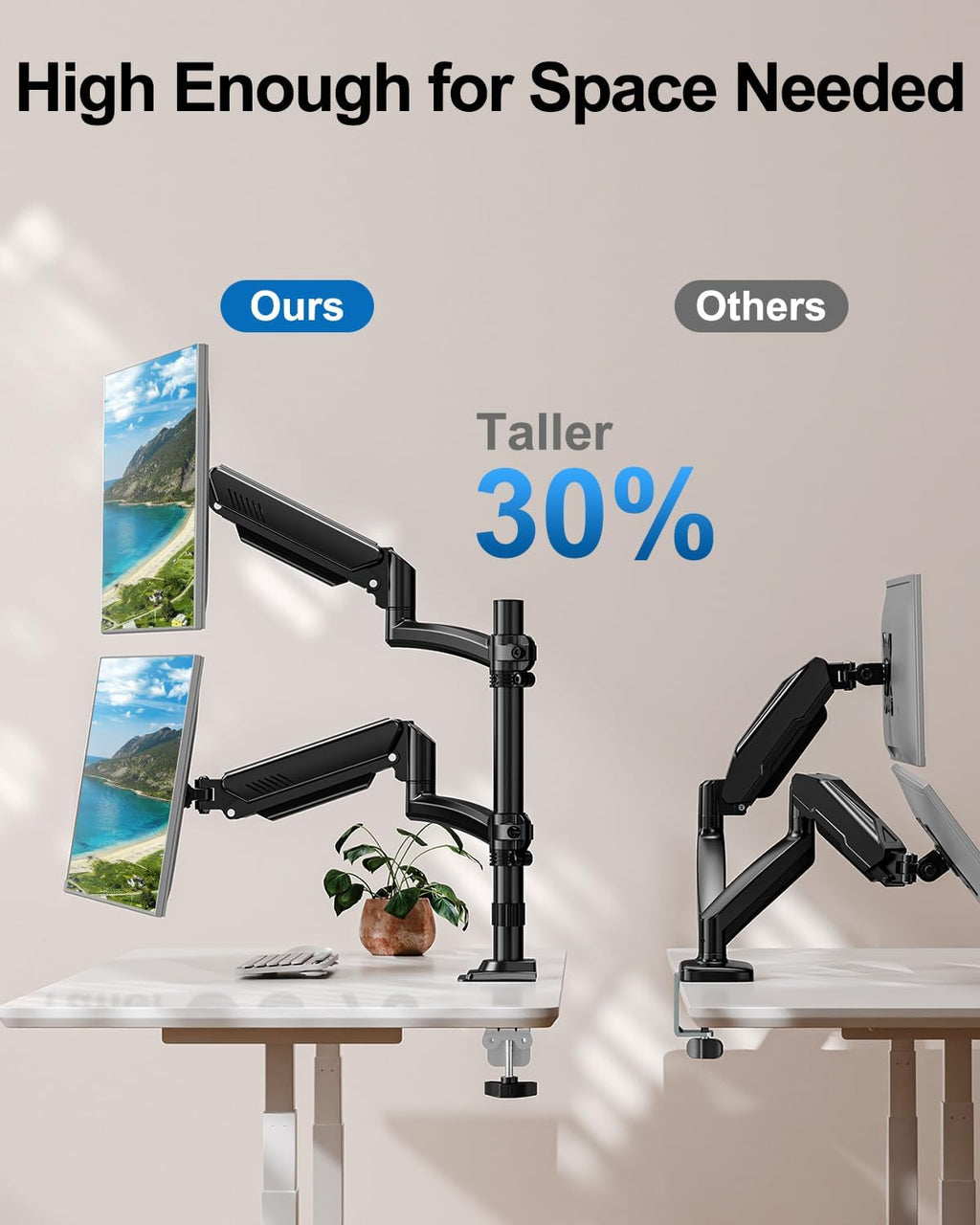 Dual Monitor Stand for Computer Screen up to 32", Holds 22 lbs Each | Taller Monitor Arms Desk Mount, Height