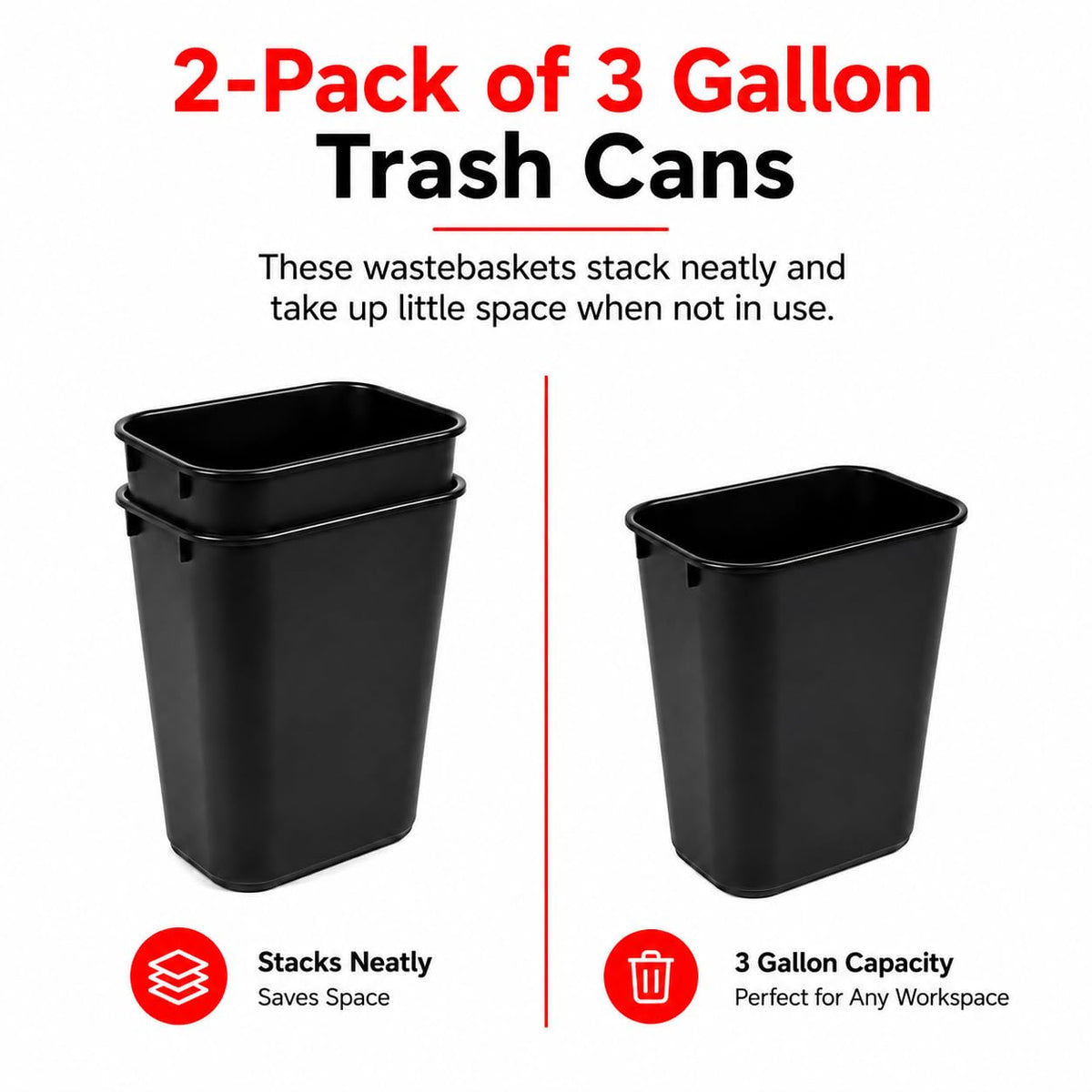 3.5 Gallon Black Wastebasket Under Desk Plastic Trash Can | 2 PACK