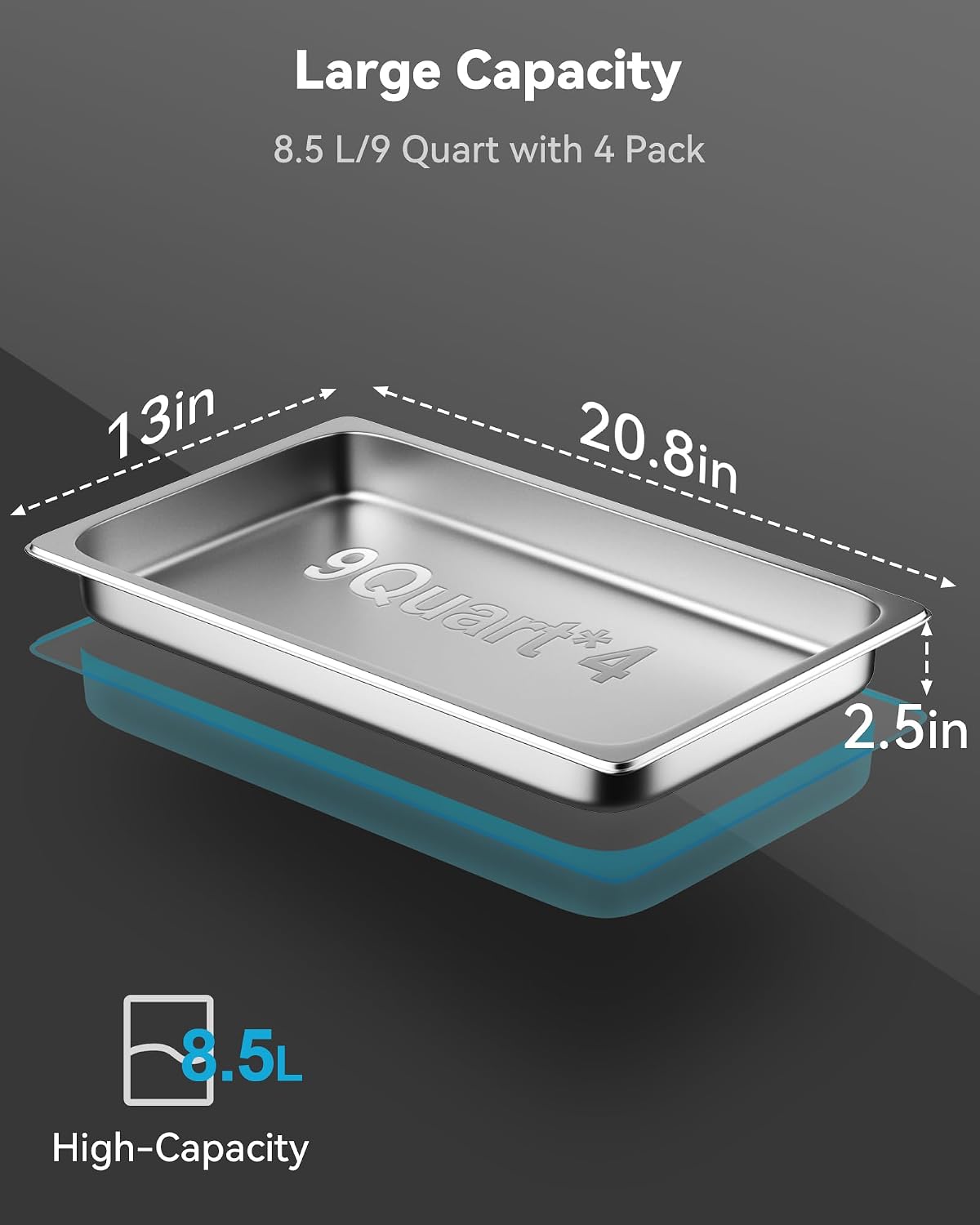 Hotel Pans with Lids, 4 Pack Full Size, 2.5" Deep