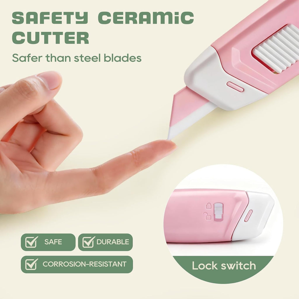 3-Pack Mini Ceramic Box Cutter, Retractable Utility Knife with Safety Lock & Keychain Hole, Magnetic Package Opener