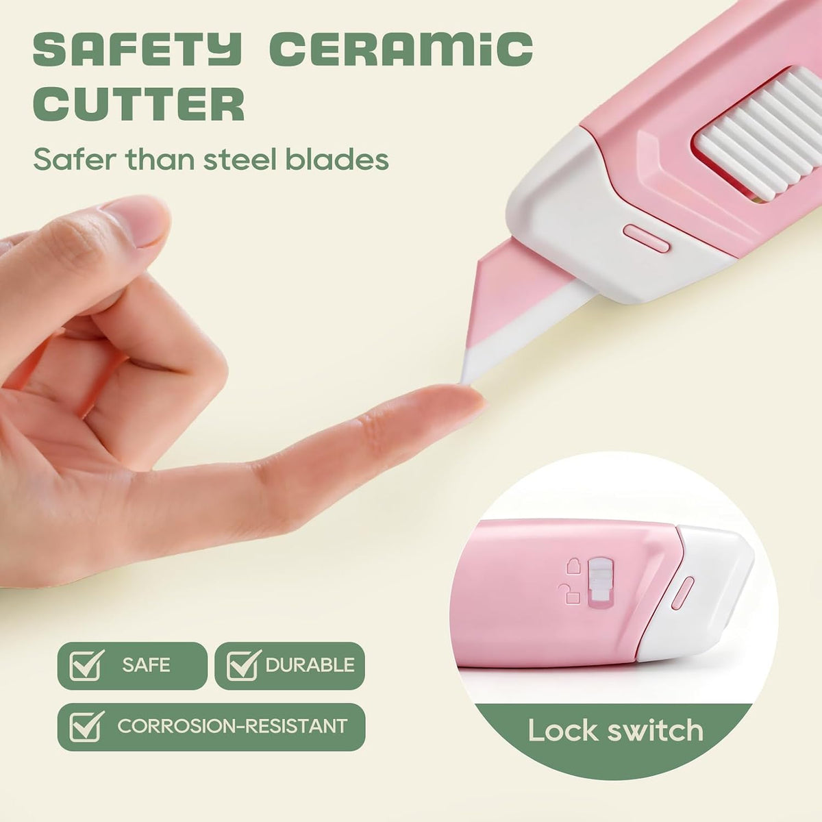 3-Pack Mini Ceramic Box Cutter, Retractable Utility Knife with Safety Lock & Keychain Hole, Magnetic Package Opener
