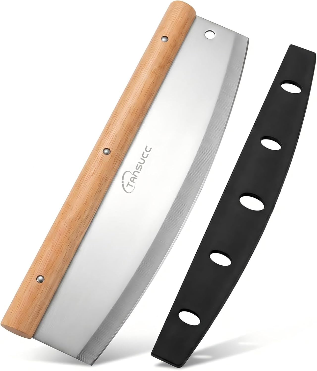 12 Inch Pizza Cutter Rocker Blade, Stylish Rubberwood Wood Handle, Protective Cover - sharp pizza cutter