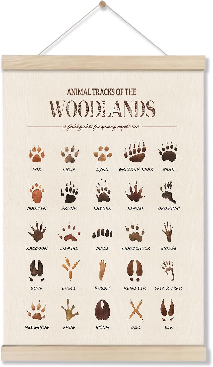 Woodland Tracks Poster Hanger Frame, Canvas Artwork Woodland Nursery, Jungle Nursery Decor, Animal Tracks Field Guide