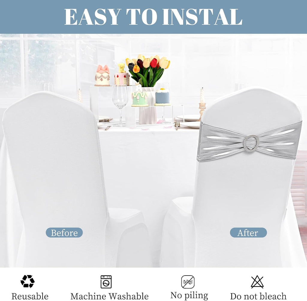 Spandex Chair Sashes Bows 100 PCS Metallic Silver