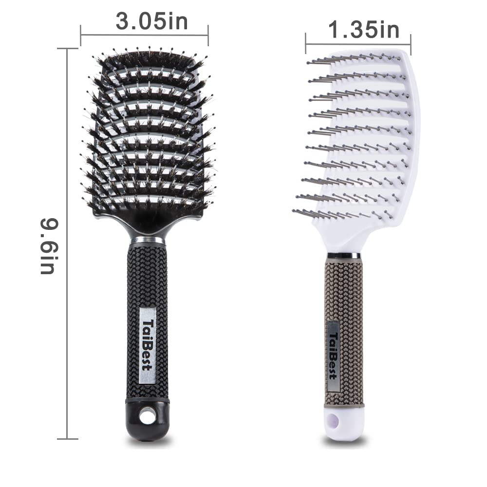 Boar Bristle Hair Brush Set - Dry/Wet Hair Brushes Detangler for Fine, Thick, Curly Hair - Curved and Vented Hair