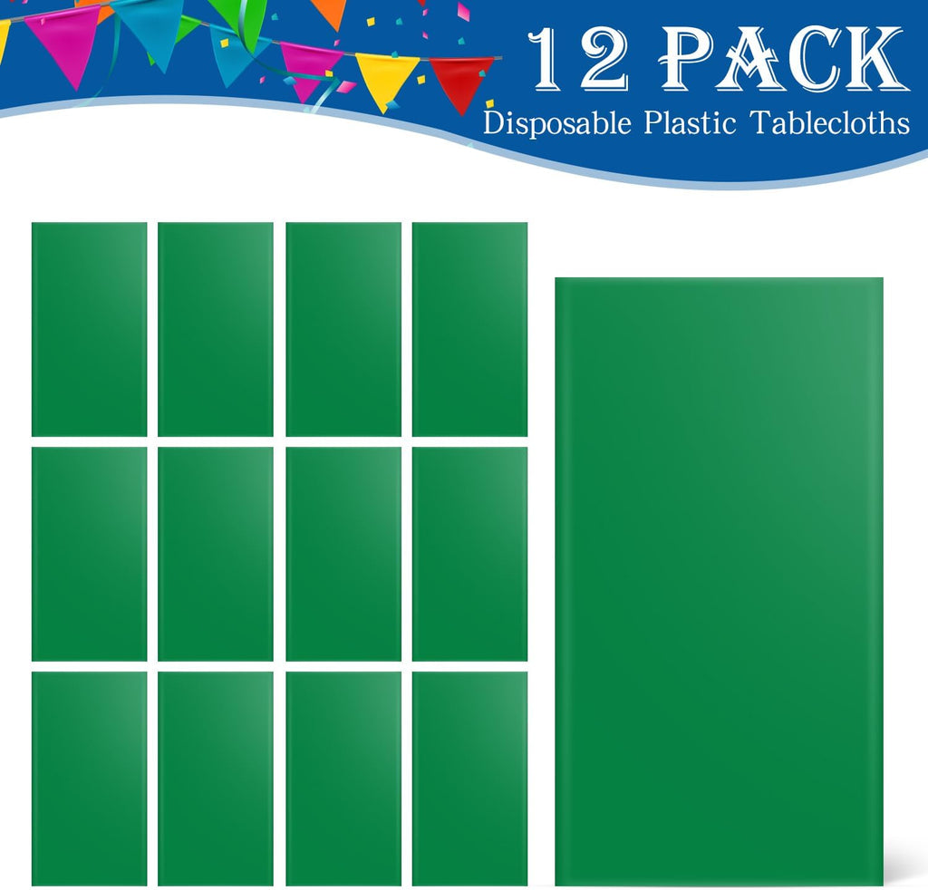 12 Pack Green 54 x 108 Inch Disposable Plastic Tablecloths Rectangle Table Cloth Plastic Table Cover for Parties