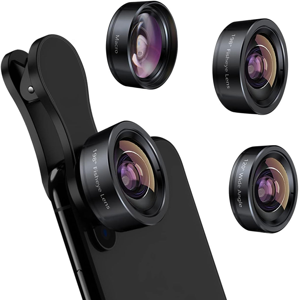 3in1 Phone Camera Lens Kit Fisheye+Wide Angle+Macro Lens for iPhone | 198° Fish Eye Lens + 120° Super Wide-Angle Lens
