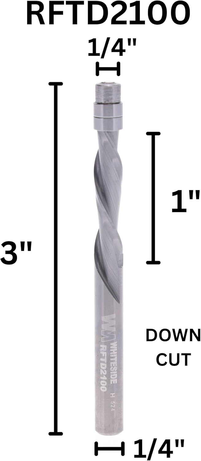 Whiteside RFTD2100 Spiral Downcut Flush Trim Router Bit: 1/4 Inch Cutting Diameter, 1/4 Inch Shank, 1 Inch Cutting
