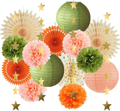 Olive Green and Orange Party Decorations Olive Birthday Party Decorations Peach and Orange Poms Lanterns Beige Fans