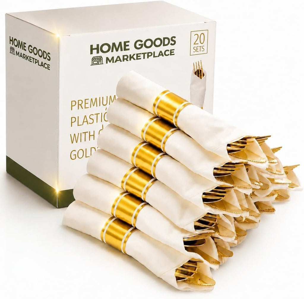 Gold Plastic Silverware Pre-Rolled Sets; Fork, Spoon, and Knife Rolls, Pack of 20 Pre-Rolled Sets