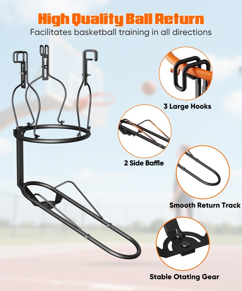 Basketball Return Attachment, 180° Rotatable Basketball Rebounder with 3 Stable Large Hooks for 18" Rim, Basketball