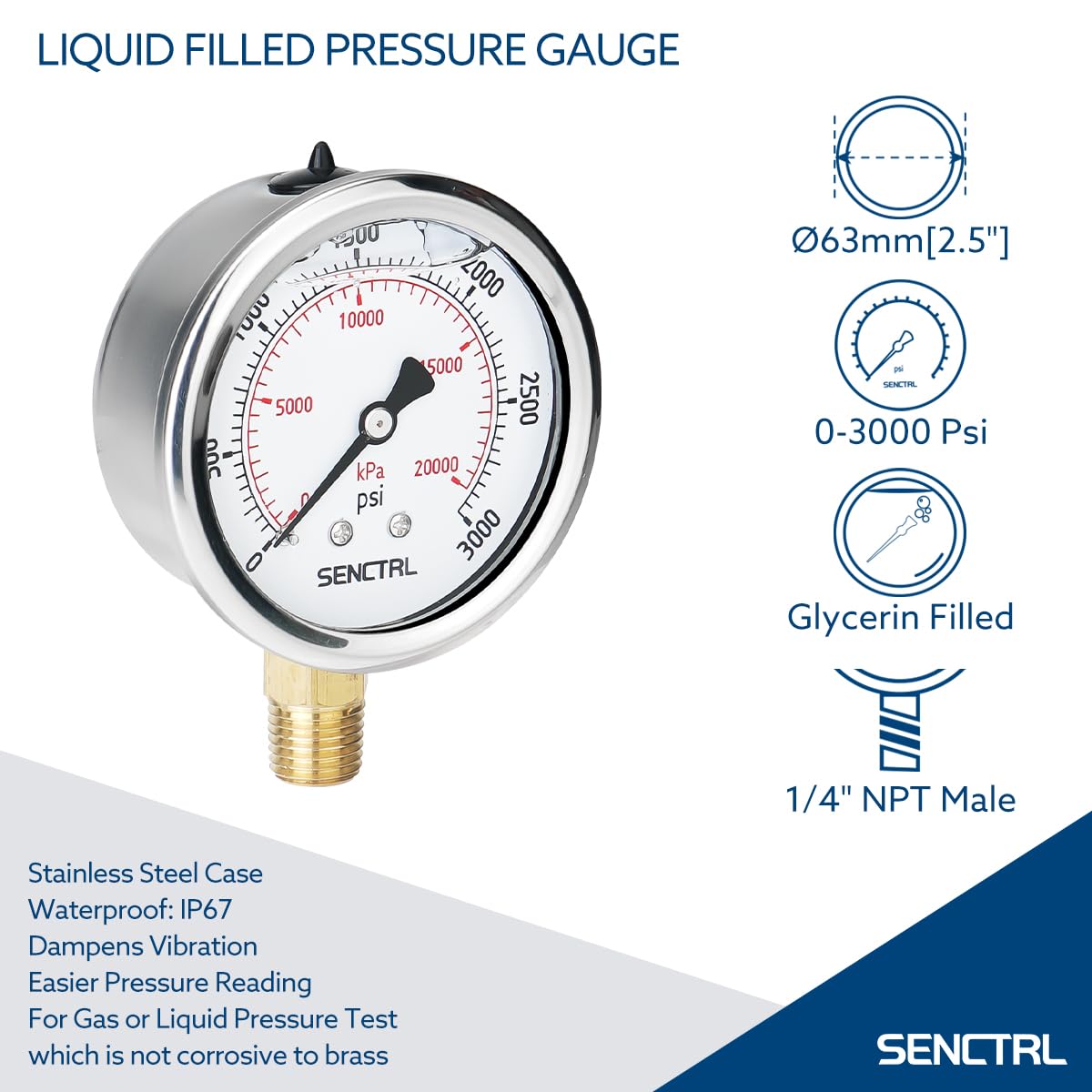 SENCTRL 3000 Psi Glycerin Liquid Filled Hydraulic Pressure Gauge