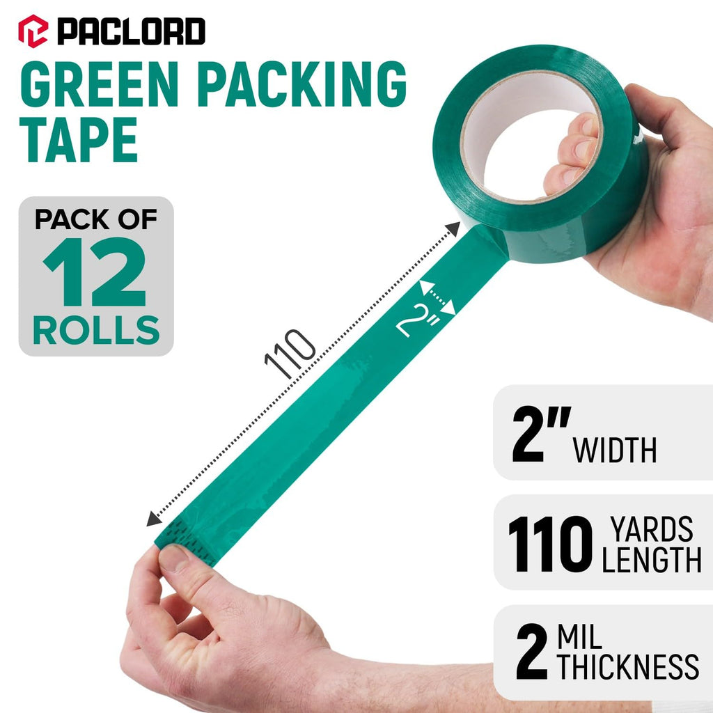 2" x 110 Yards Green Packing Tape, 12 Rolls