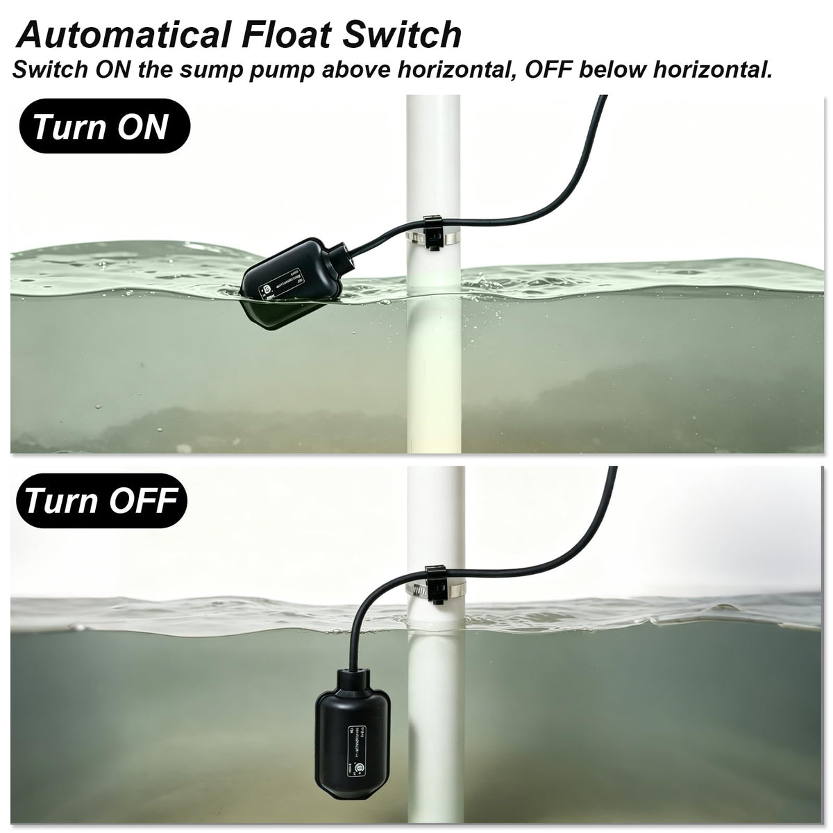 Universal Sump Pump Float Switch with Piggyback Plug and 20ft Cord,13A/125V
