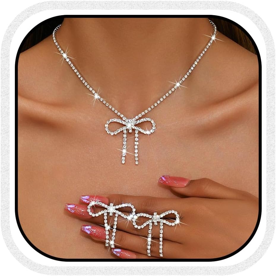 Silver Jewelry Sets Rhinestone Bow Necklace Earrings Set Prom Fashion Costume Jewelry Sets for Women
