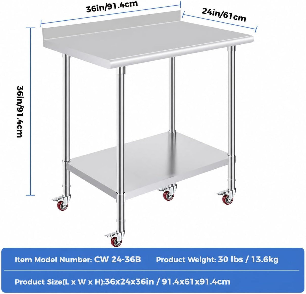 Stainless Steel Prep Table 24 x 36 Inches with Backsplash and Casters