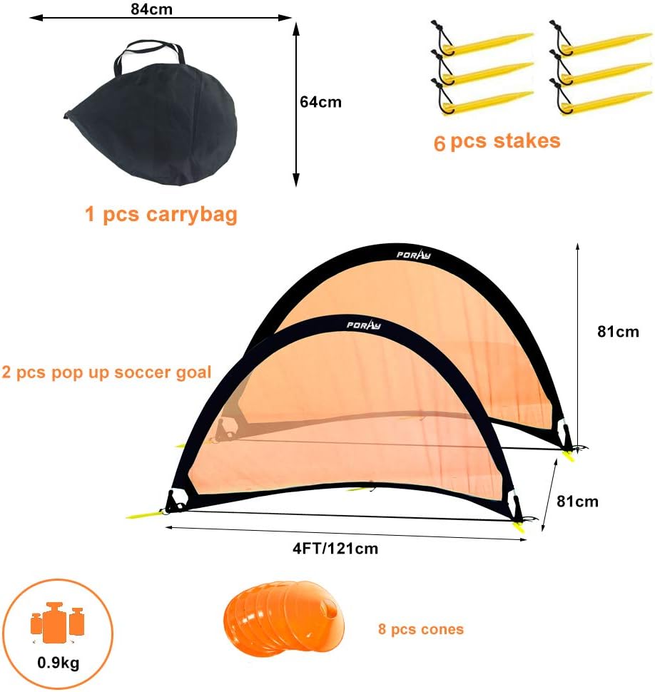 Poray Soccer Goal for Kid Easy-up Set of Two Portable Soccer Net 210D Oxford with 8 Field Marker Cones Extra Stakes