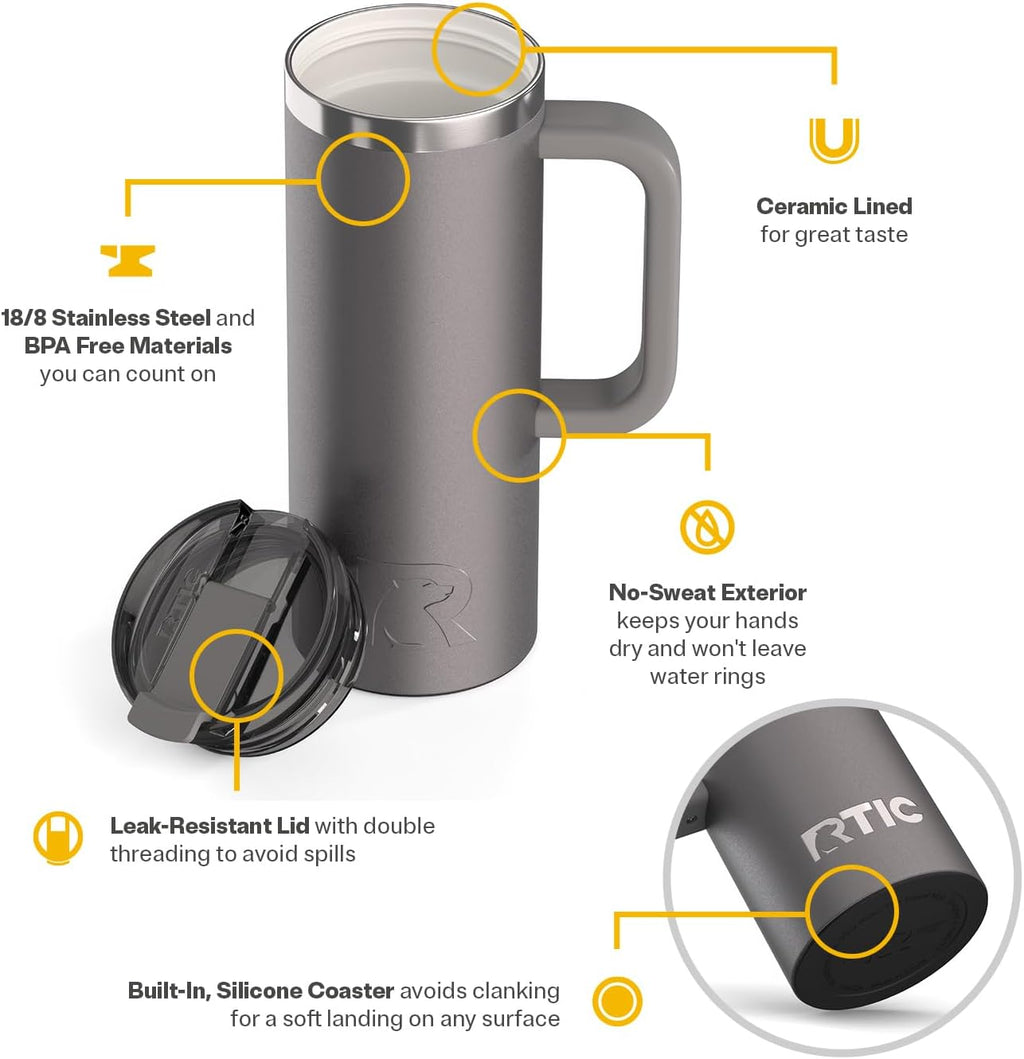20oz Road Trip Travel Mug with Lid and Handle, Ceramic Lined, Insulated, Stainless Steel, Metal, Double Wall