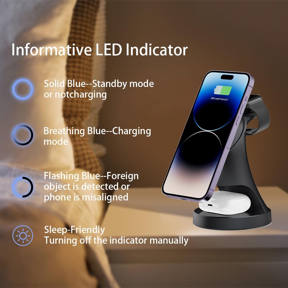 Wireless Charger,3 in 1 Magnetic Wireless Charger Stand, Fast Wireless Charging Dock for iPhone17/16/15/14/13/12