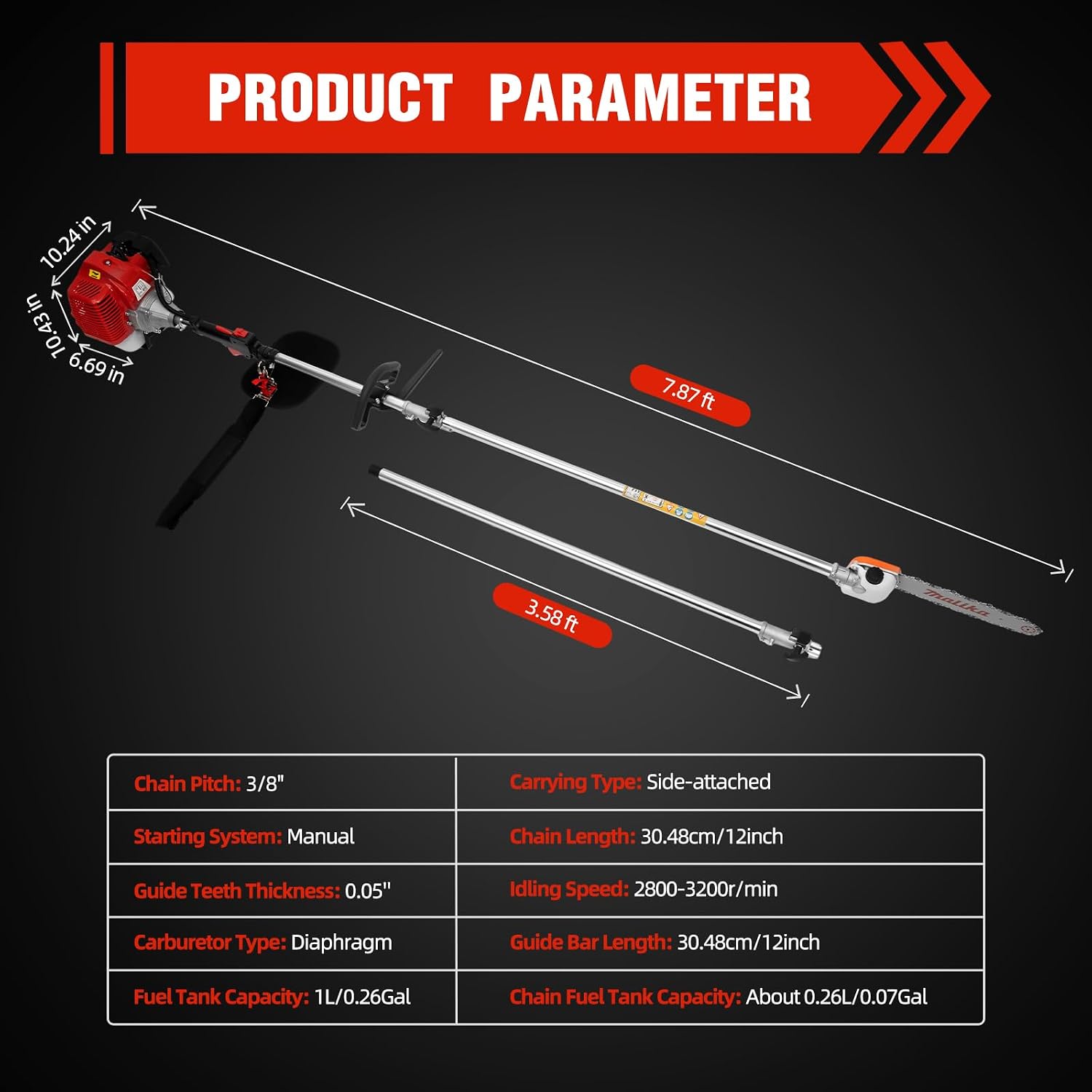 Gas Powered Pole Saw 42.7CC 2-Cycle Powerful Tree Trimmer Reach to 16ft Cordless Pruning Saw Long Extension Garden