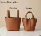 Genuine Leather Bucket Bag, Top-Handle Satchel Handbag with Lock