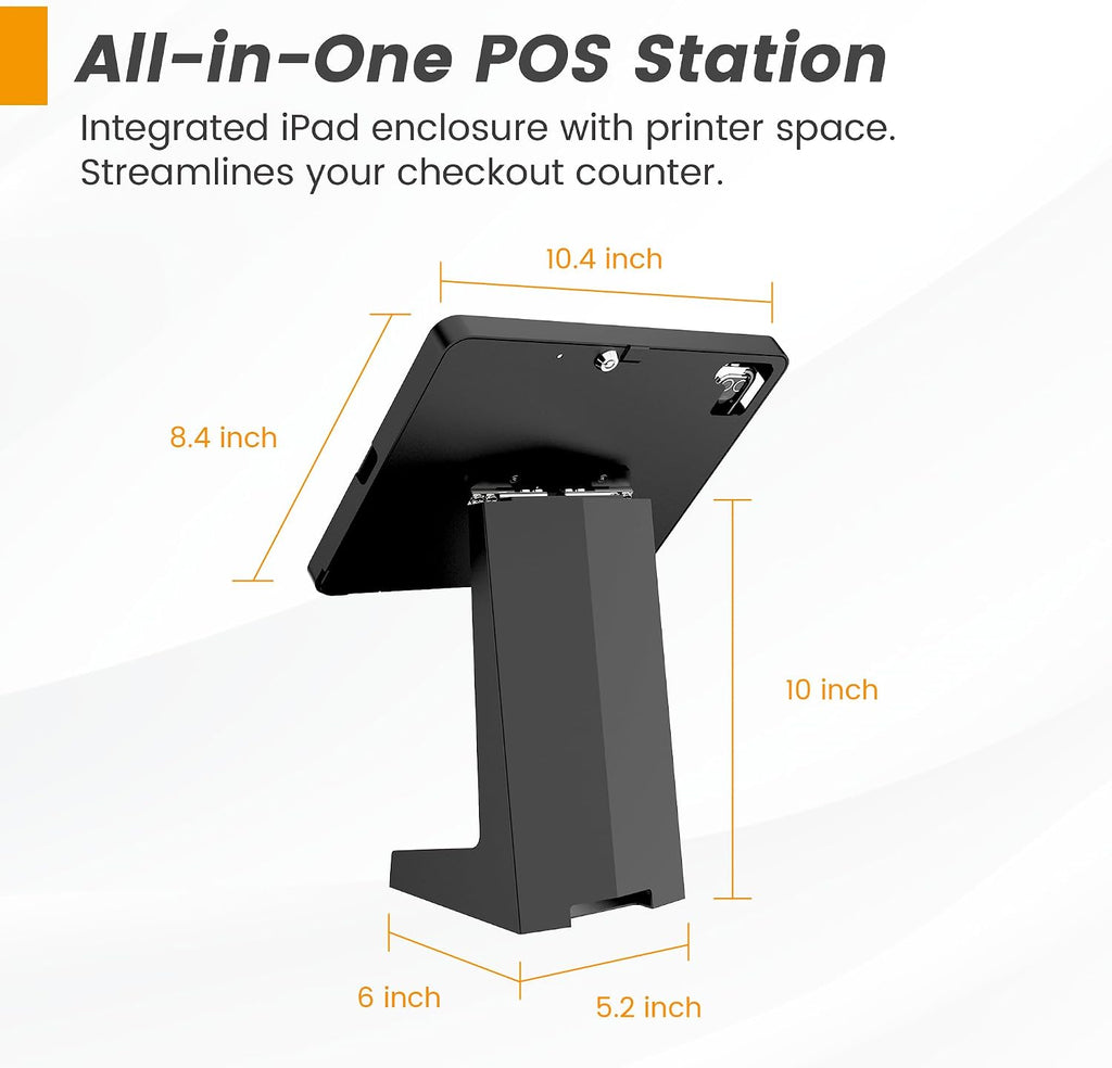 All-in-One Tablet POS Stand with Printer Compartment, All Metal Desktop Kiosk with Key Lock, 90° Flip Enclosure
