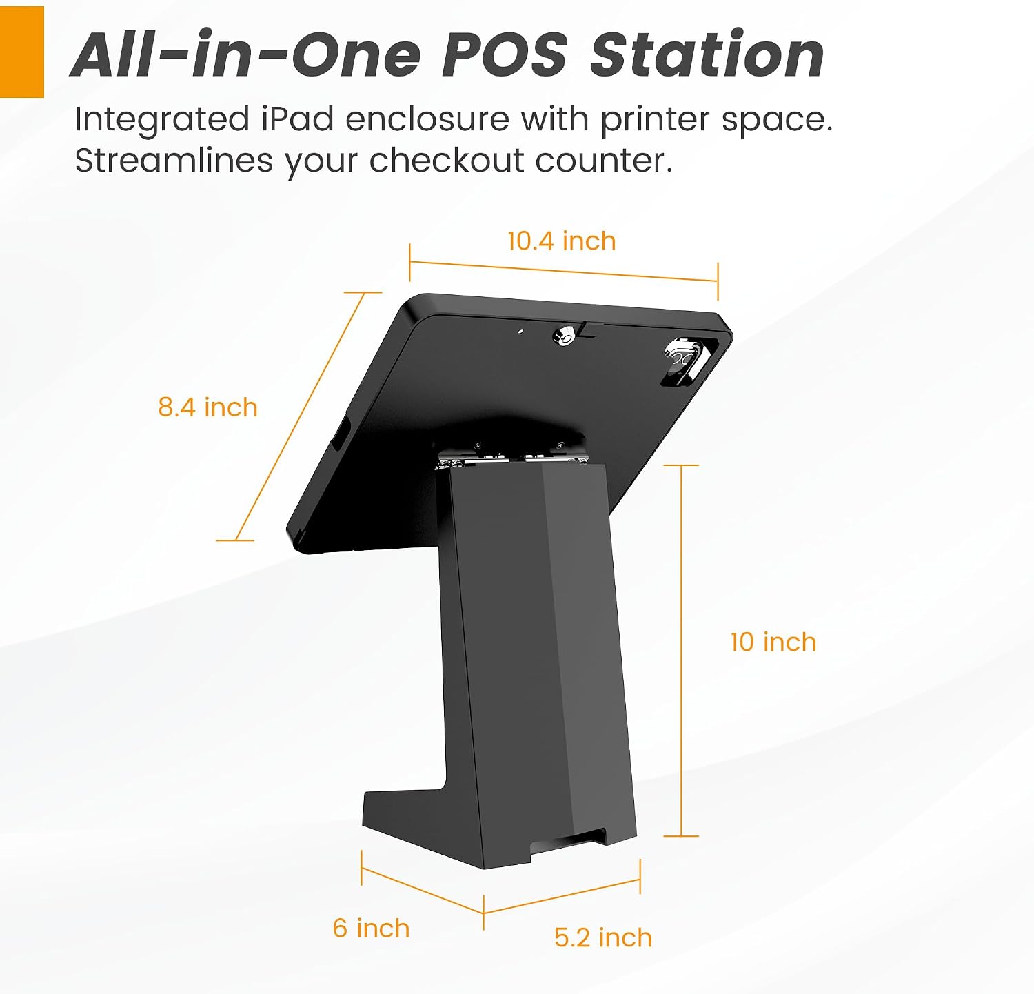All-in-One Tablet POS Stand with Printer Compartment, All Metal Desktop Kiosk with Key Lock, 90° Flip Enclosure