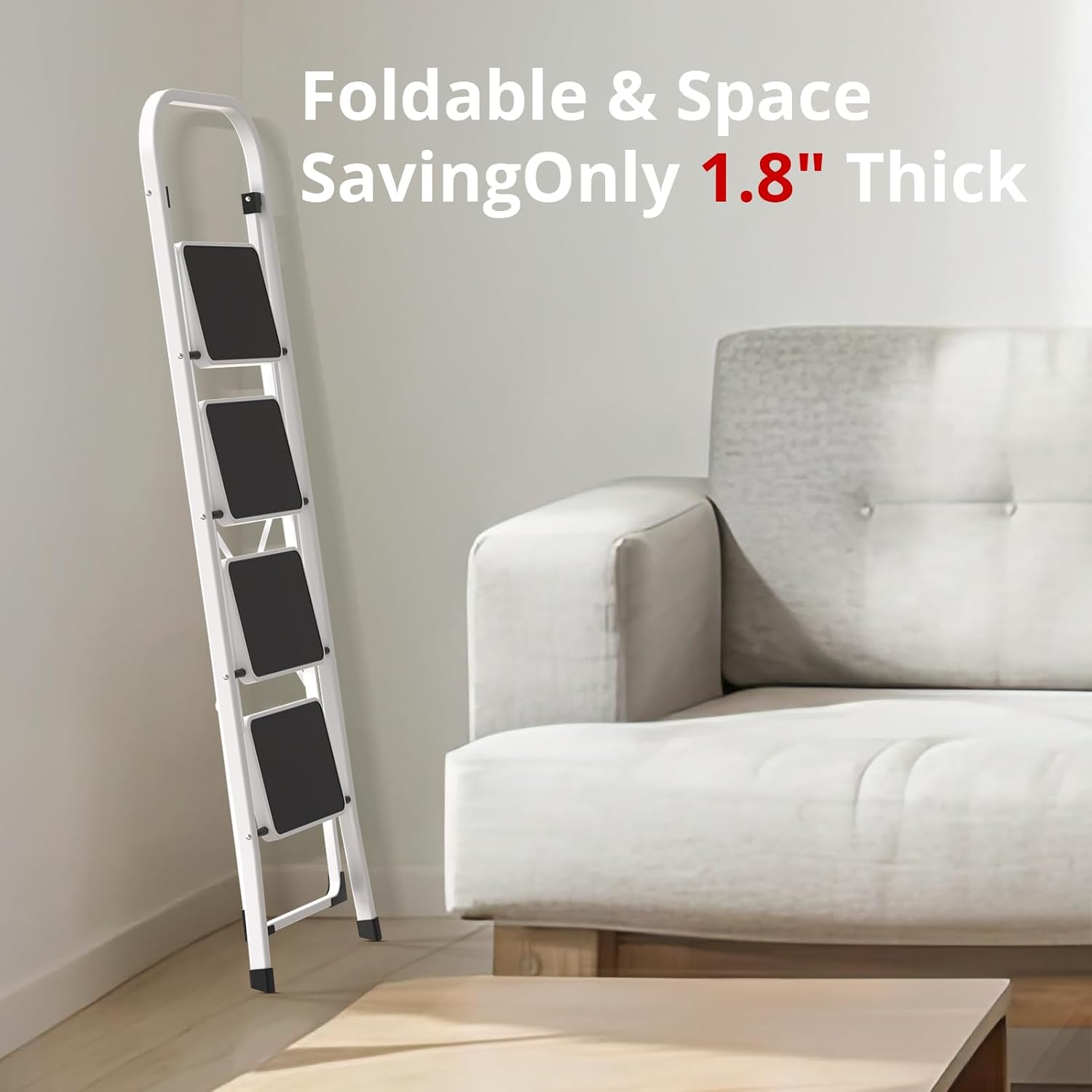 Step Ladder, Folding Step Stool for Adults with Anti-Slip Pedal, 330 lbs Capacity for Kitchen, Home, White