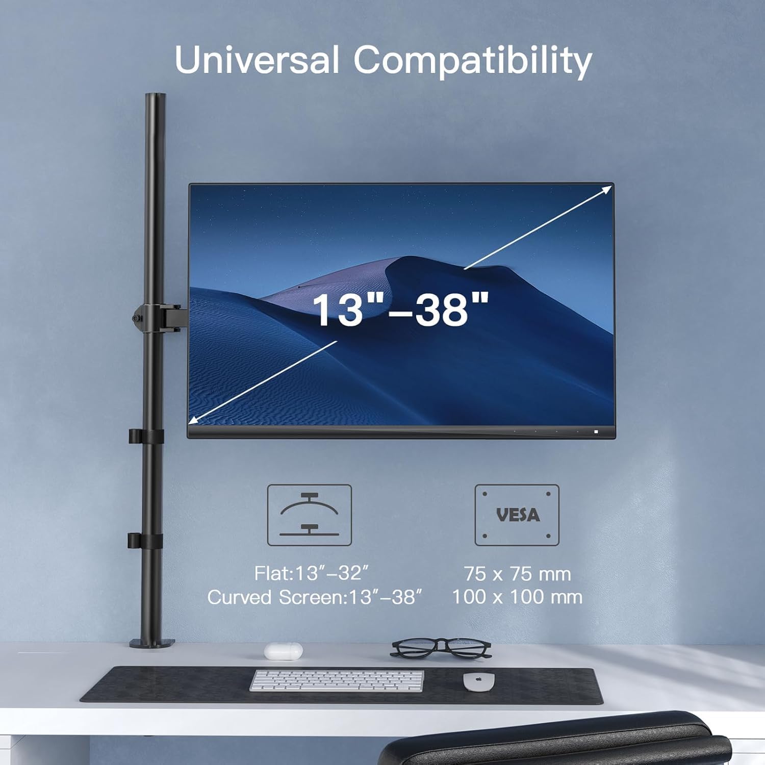 Single Monitor Arm with 39 inch Extra-Tall Pole, Adjustable Computer Desk Mount for 13–32 inch Screens and up to 38