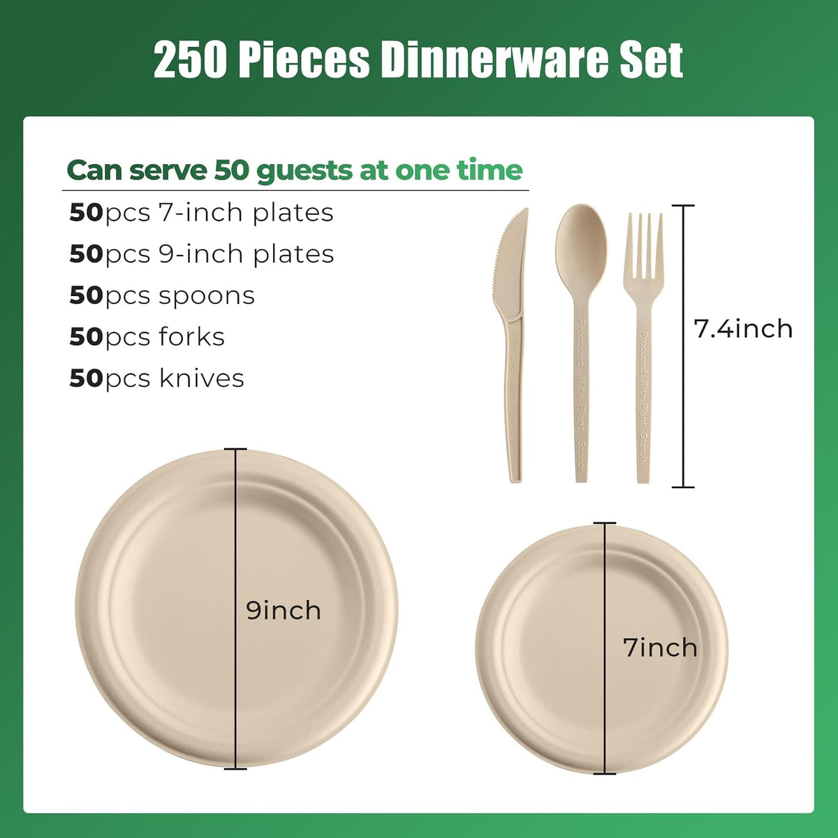 250 Piece Biodegradable Paper Plates Set Disposable Dinnerware Set, Eco Friendly Compostable (EXTRA LONG UTENSILS)