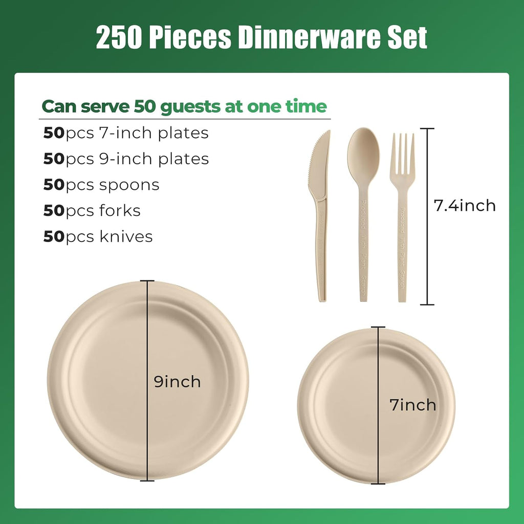 250 Piece Biodegradable Paper Plates Set Disposable Dinnerware Set, Eco Friendly Compostable (EXTRA LONG UTENSILS)