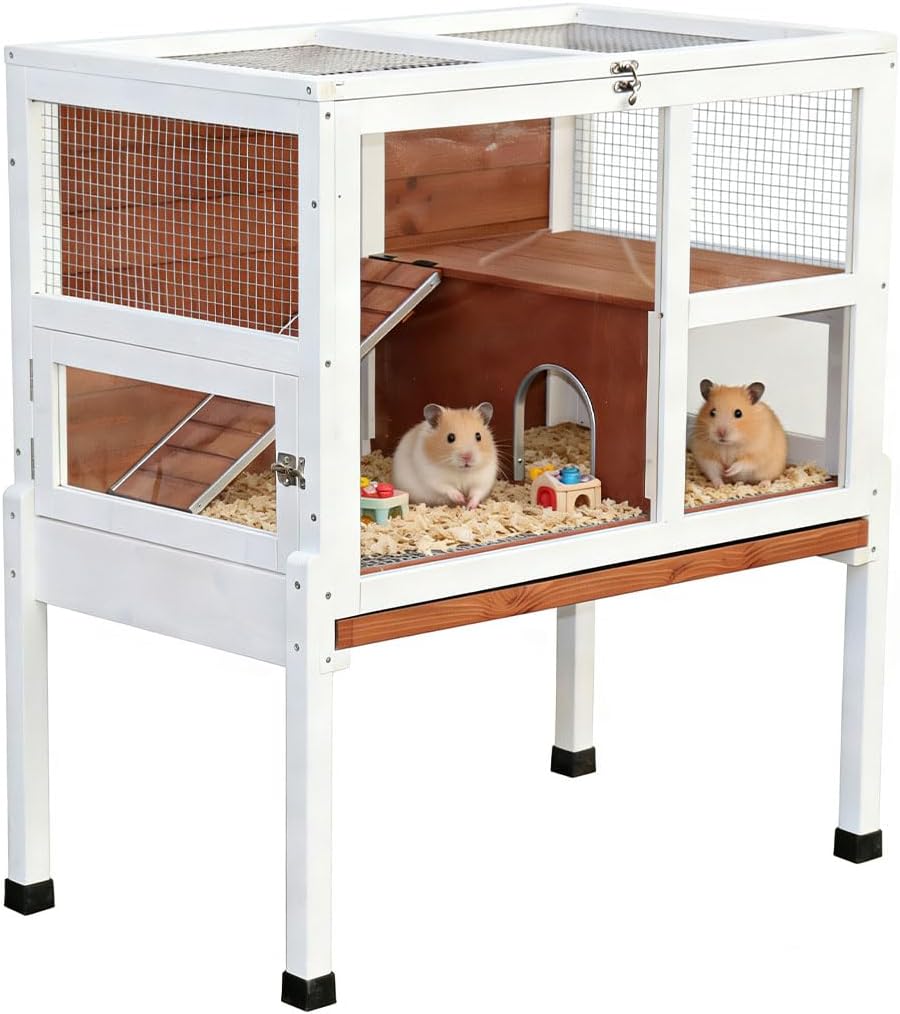 2-Story Guinea Pig Cage with Stand, Indoor Wooden Hamster Cage with Ramp, Pull-Out Tray, Hideout & Platform, Acrylic