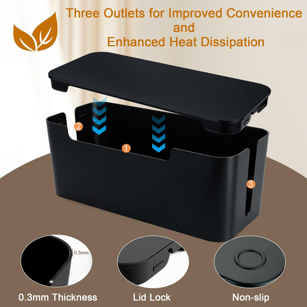 Eichzer Cable Management Box with Lid, Three Entry/Exit Slots, Black