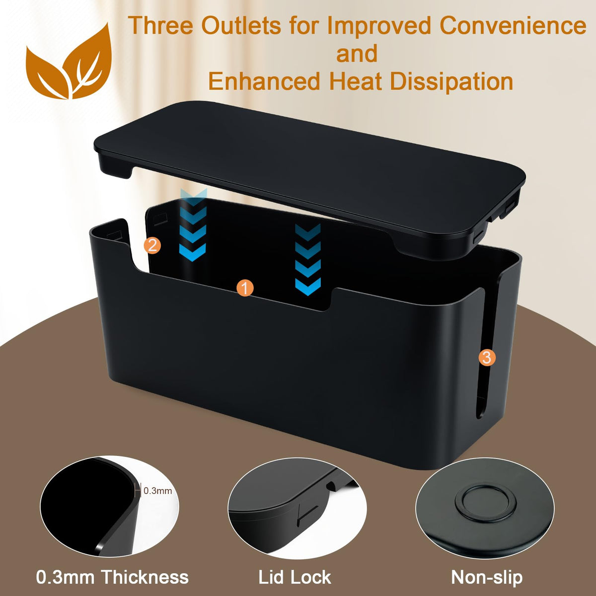 Eichzer Cable Management Box with Lid, Three Entry/Exit Slots, Black