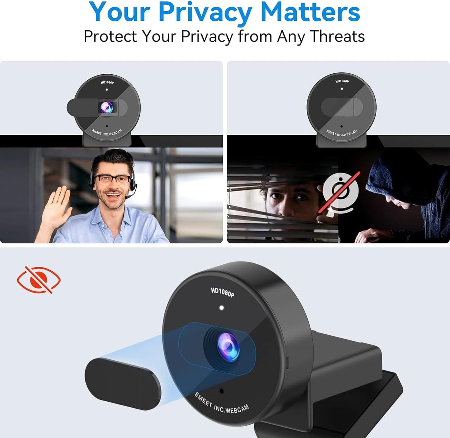 C950 1080P Webcam - USB Webcam with Microphone & Physical Privacy Cover, Auto Light Correction, Fixed Focus, USB Plug