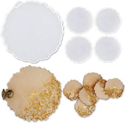 5 Pack Silicone Resin Molds, 1 Pcs Large Tray Mold for Resin + 4 Pack Geode Agate Coaster Molds, Round Tray and