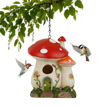 Bird Houses for Outside, Mushroom Hanging Resin Birdhouse (Red)