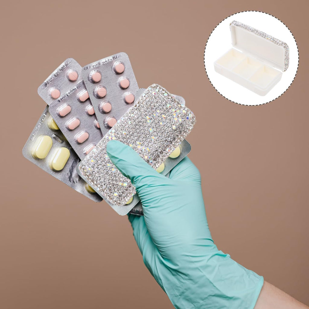 Bling Rhinestone Pill Organizer Case Portable Waterproof Small Pill Container with Multiple Compartments for Travel