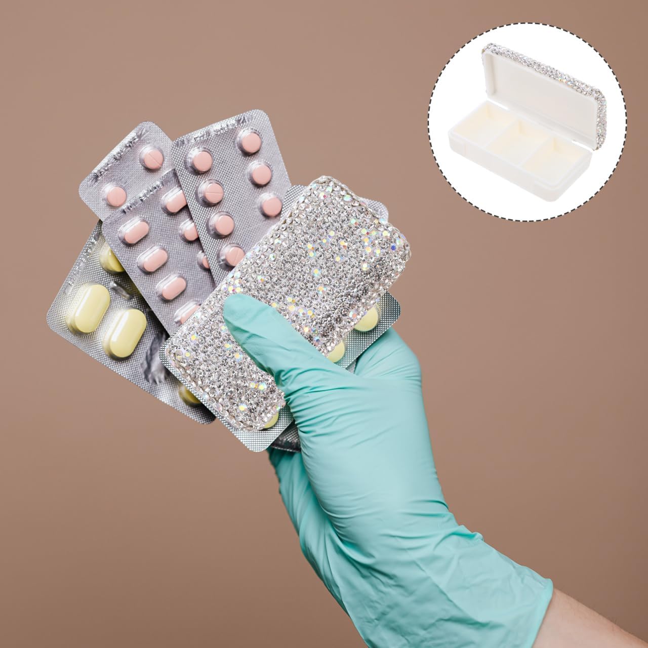 Bling Rhinestone Pill Organizer Case Portable Waterproof Small Pill Container with Multiple Compartments for Travel