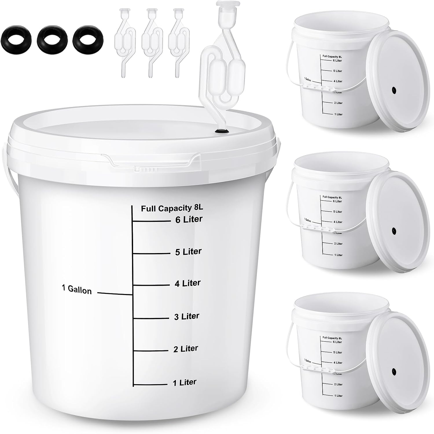 4 Pcs White 2 Gallon Fermentation Bucket with Twin Bubble Airlock Grommets Lid Brewing Wine Fermenter Fermentation