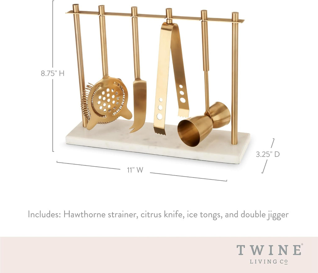 Bar Tool Set Includes Hawthorne Strainer, Citrus Knife, Ice Tongs, Double Jigger with Marble Display Stand for